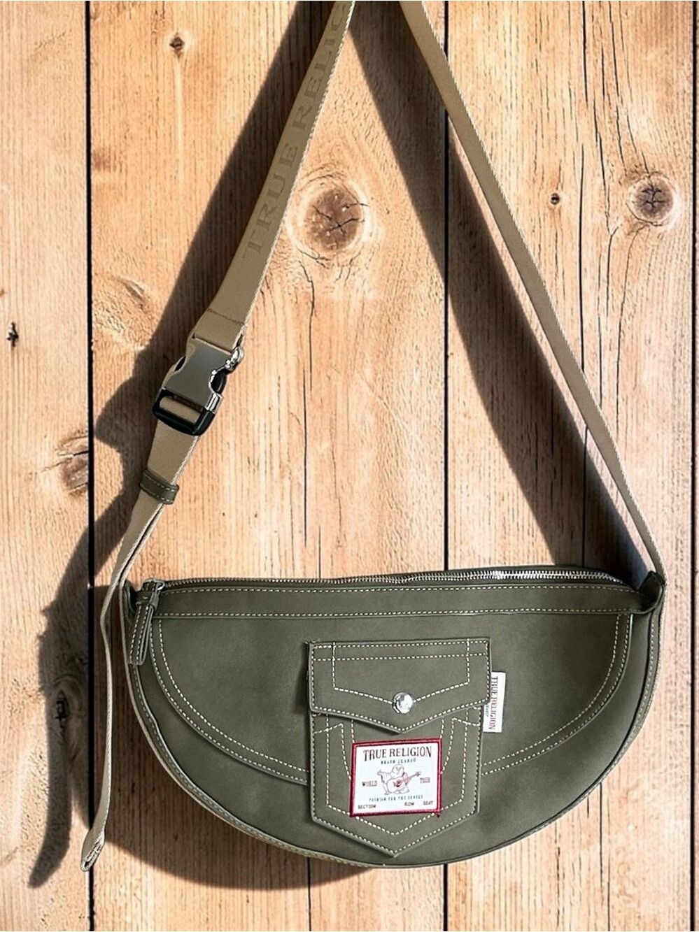 True Religion Utility Hobo Bag in Khaki Green Faux Suede